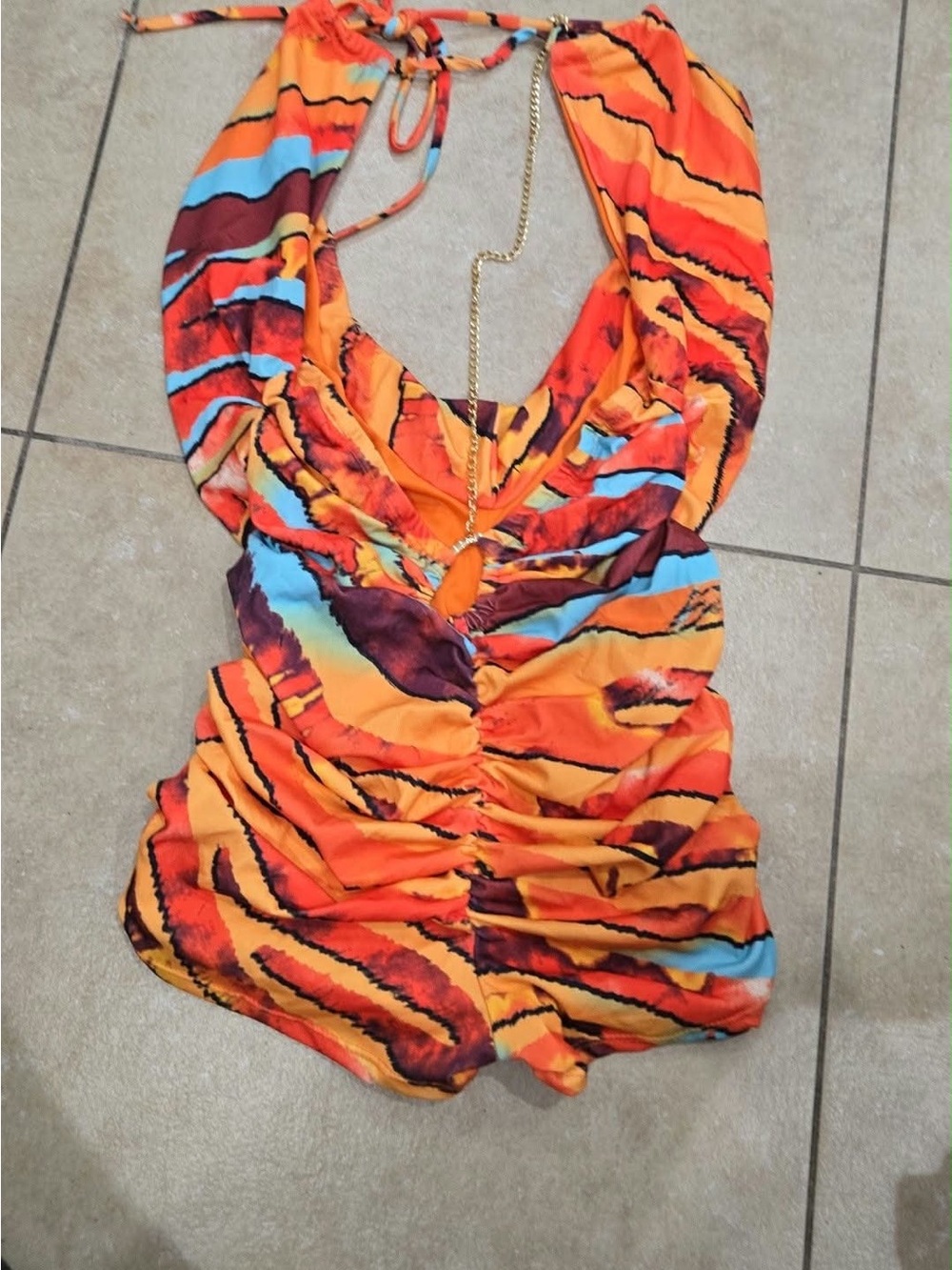 Vibrant Orange Multi-Stripe Halter Romper